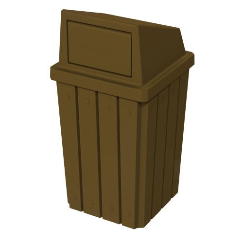 32 Gallon Square Slatted 100% Recycled Plastic Heavy-Duty Commercial Outdoor or Indoor Trash Can with Push Top Lid | Great for Schools and Businesses - Brown