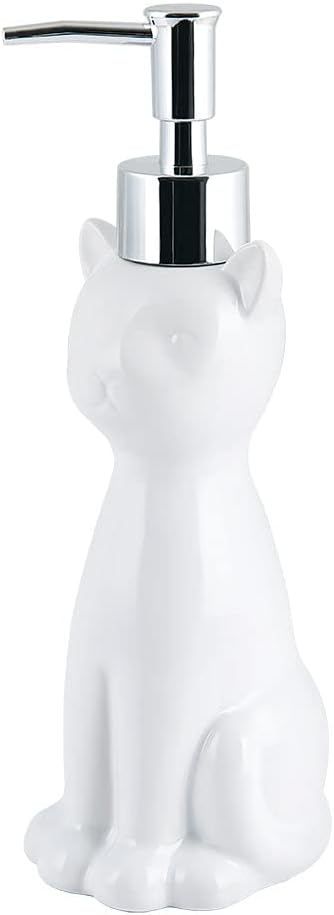 Allure Home Creation Cat 3-Piece Ceramic Toilet Brush Holder & Soap Dispenser - White Plastic Scrub Brush Included