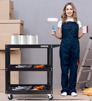 Utility Service Cart, 3 Shelf 200LBS Heavy Duty Steel Rolling Utility Cart, Medium Lipped Shelf, 360° Swivel Wheels, Ergonomic Storage Handle for Warehouse Garage, Black