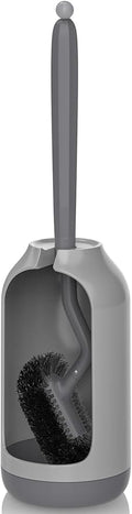 HAMITOR Toilet Bowl Brush Holder Set: Bathroom Deep Cleaning Toilet Cleaner Scrubber Under Rim with Curved Bristle for Dead Corner Clean - Hidden Rv Toilet Decorative Accessories with Caddy- Gray
