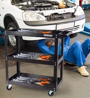 Utility Service Cart, 3 Shelf 200LBS Heavy Duty Steel Rolling Utility Cart, Medium Lipped Shelf, 360° Swivel Wheels, Ergonomic Storage Handle for Warehouse Garage, Black