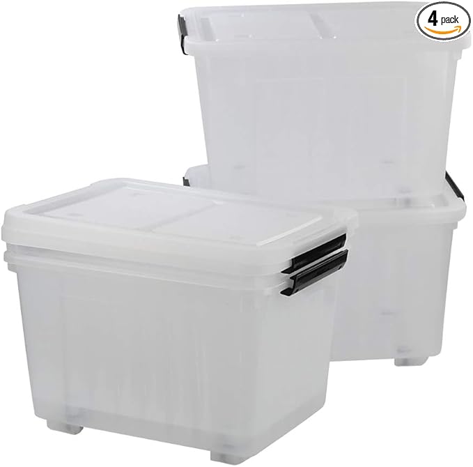 30 L Clear Plastic Storage Box with Wheels, 4-Pack Clear Plastic Storage Latch Bin
