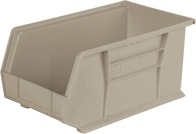 Akro-Mils 30240 AkroBins Plastic Storage Bins, Space-Saving Stackable Bins for Garage, Pantry, Craft Organization, 15" x 8" x 7", Stone, 12-Pack