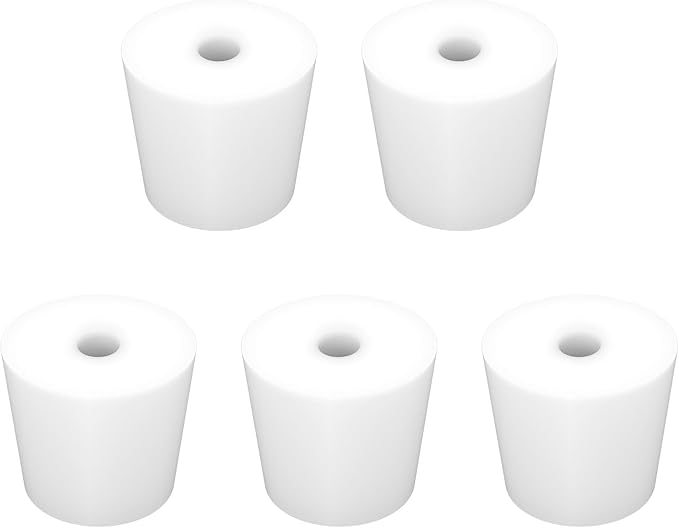 Labasics 5-Pack 6# Single-Hole Silicone Stoppers, White Tapered Lab Seal Stoppers with 0.31" Hole, Durable and Reusable Silicone Plugs for Laboratory Glassware, Airtight Sealing, and Experiments