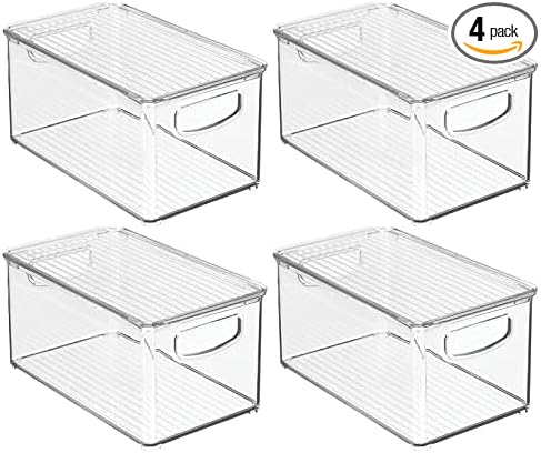 mDesign Plastic Deep Storage Bin Box Container with Lid and Built-In Handles - Organization for Fruit, Snacks, or Food in Kitchen Pantry, Cabinet, or Cupboard, Ligne Collection, 4 Pack, Clear