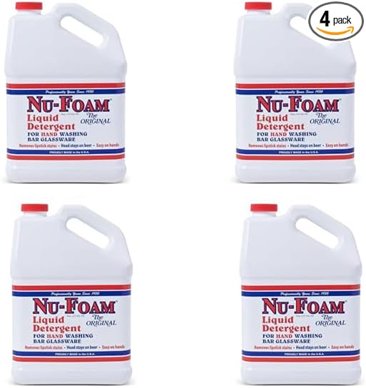 Nu-Foam Liquid Detergent for Bar Glassware – Original Streak-Free Solution - Hand Washing Bar, Tavern, Brewery Supplies - Spotless Serving Glasses - Concentrated- Easy On Hands - 1 Gallon- 4 Pack Case