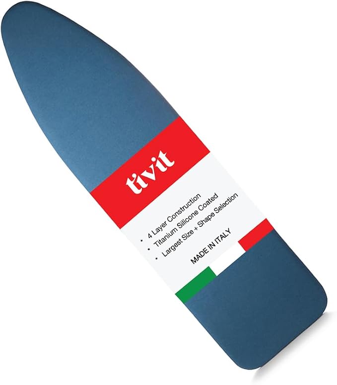 TIVIT Ironing Board Cover 13 x 45, Performance Grade Titanium Coated Pro Grip Pad & Covers - Superior Scorch & Stain Resistance, High Heat Reflection, 3 Padded Layers 3 Fastener Straps - Made In Italy