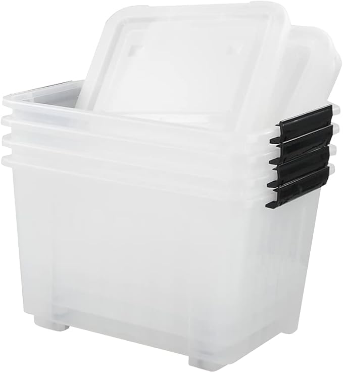 Asking 30 L Plastic Storage Box with Lid, 4-Pack Wheeled Clear Plastic Boxes