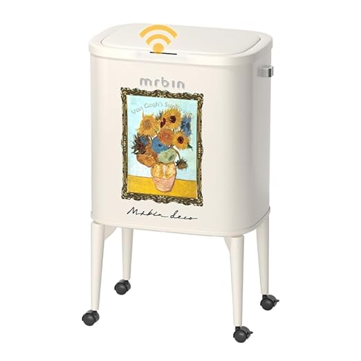 MRBIN Metal Motion Sensor Kitchen Trash Can with Wheel Legs, 36L / 9.5gal Medium Press Lid Slim Waste Basket, Pet Proof Tall Narrow Garbage Pail for Vanity, Bedroom, Bathroom, Living Room, Sunflower
