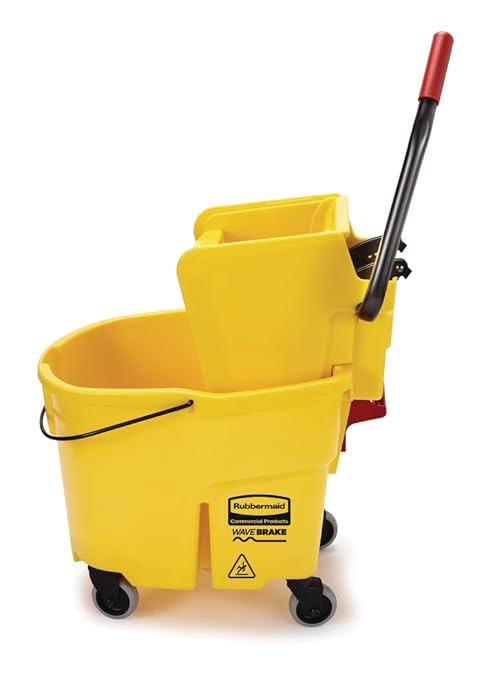 Rubbermaid Commercial Products WaveBrake 35 Qt. Side-Press Mop Bucket and Wringer Combo on Wheels Yellow for Professional/Industrial/Business Heavy-Duty Floor Cleaning/Mopping
