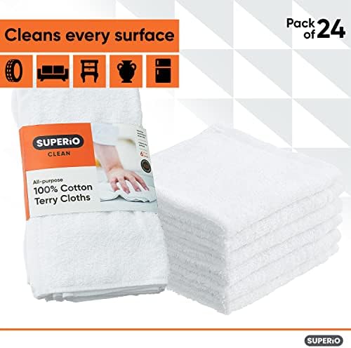 Superio Terry Cloth Rags White Washcloths 100% Cotton 12" Cleaning Cloths, Kitchen Towels, Facial Washcloth, Spa Cloths, Hand Towel, Small Lint Free Rags for Multi-Purposes (24 Pack)