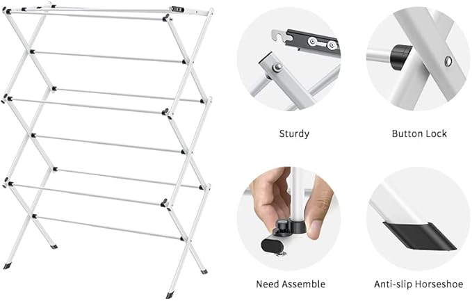 3 Tier Clothes Drying Rack,Foldable & Portable Clothing Drying Rack,Space-Saving Design, Indoor & Outdoor Laundry Rack for Drying Clothes,Metal Dryer Rack-White+Black