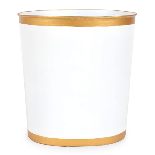 Jaye's Studio Mattie Decorative White and Gold Bathroom Trash Can, Metal Waste Basket Modern, Luxury Trash Bin for Bedroom, Dorm Room, Office Garbage Can, Oval Decorative Trash Bins (12" x 10" x 8")