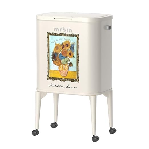 MRBIN Metal Kitchen Trash Can with Wheel Legs, 36L / 9.5gal Medium Press Lid Slim Waste Basket, Pet Proof Tall Narrow Garbage Pail for Vanity, Bedroom, Bathroom, Living Room, Sunflower
