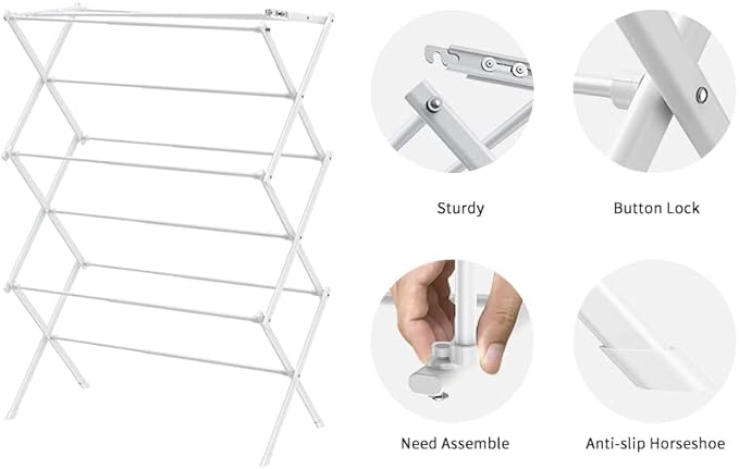 3 Tier Clothes Drying Rack,Foldable & Portable Clothing Drying Rack,Space-Saving Design, Indoor & Outdoor Laundry Rack for Drying Clothes,Metal Dryer Rack-Pure White