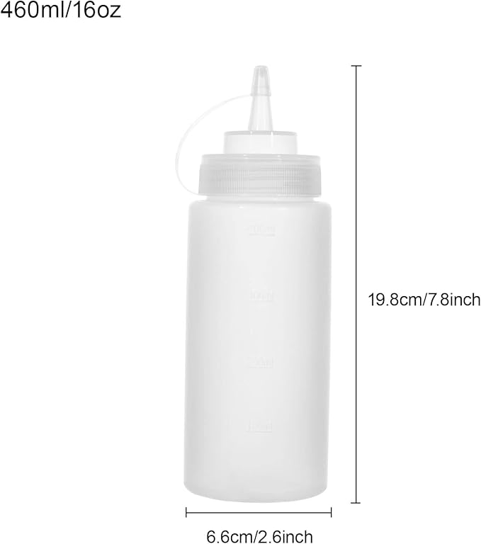 Squeeze Bottles for Sauces 2 Pack, 16 Ounce Plastic Dressing Squirt Bottles with Cap Lids, Condiment Bottle for Liquids BBQ Dressing Pancake Art Dispenser