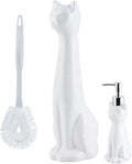 Allure Home Creation Cat 3-Piece Ceramic Toilet Brush Holder & Soap Dispenser - White Plastic Scrub Brush Included