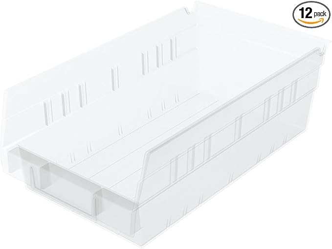 Akro-Mils 30130 Plastic Shelf Bins, Heavy Duty Storage Bins for Garage, Closet, and Drawer Organization, 12-Inch x 6-1/2-Inch x 4-Inch, Clear, 12-Pack