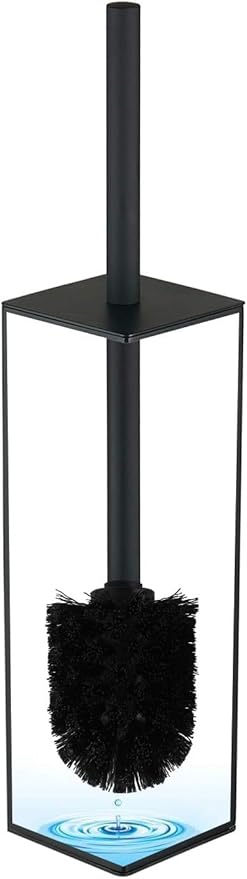 Matte Black Square Stainless Steel Toilet Brush with Holder, 304 Modern Toilet Brush Set – Rust Resistant, Long Handle, Replacement Heads, Floor Standing Bathroom Toilet Cleaning Brush