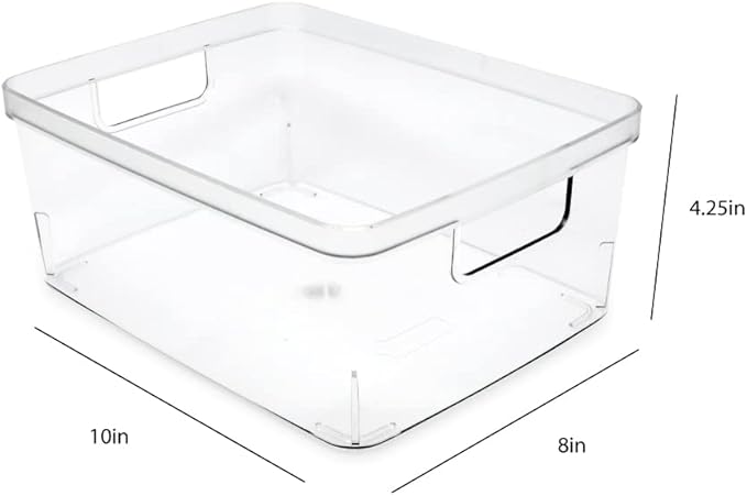 Isaac Jacobs 3-Pack Medium Clear Storage Bins (8” L x 10” W x 4.25” H) w/Cutout Handles, Plastic Organizer for Home, Office, Kitchen, Fridge/Freezer, Bathroom, BPA Free, Food Safe (3-Pack, Medium)