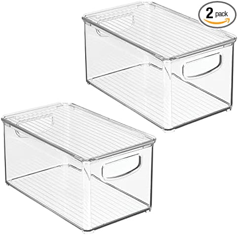 mDesign Plastic Deep Storage Bin Box Container with Lid and Built-In Handles - Organization for Fruit, Snacks, or Food in Kitchen Pantry, Cabinet, or Cupboard, Ligne Collection, 2 Pack, Clear