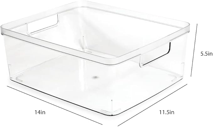 Isaac Jacobs 2-Pack Large Clear Storage Bins (11.5” L x 14” W x 5.5” H) w/Cutout Handles, Plastic Organizer for Home, Office, Kitchen, Fridge/Freezer, Bathroom, BPA Free, Food Safe (Large)