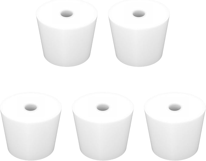 Labasics 5-Pack 8# Single-Hole Silicone Stoppers, White Tapered Lab Seal Stoppers with 0.31" Hole, Durable and Reusable Silicone Plugs for Laboratory Glassware, Airtight Sealing, and Experiments