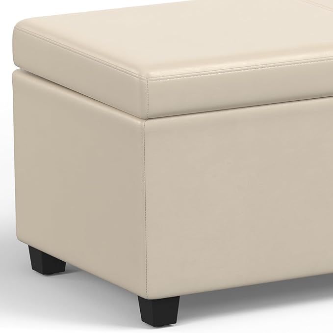 SIMPLIHOME Avalon 54 inch Wide Contemporary Rectangle Extra Large Storage Ottoman Bench in Satin Cream PU Faux Leather, Assembled, for The Living Room, Entryway and Family Room