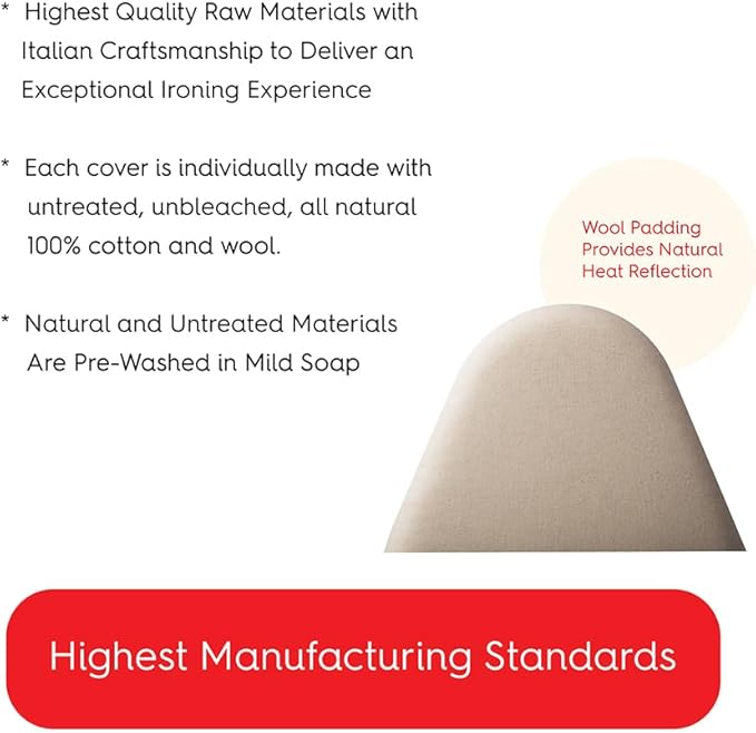 TIVIT Ironing Board Cover - Made in Italy - 18 x 54 Wide Chemical Free Eco-Friendly Padded Covers - Unbleached, Untreated Natural Cotton & Wool Pad - 2 Layer, 3 Fastener Straps, Pull Bungee Cord