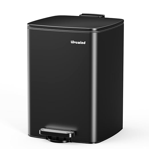 Lovewind Kitchen Trash Can with Lid, 5.2 Gallon/20 L Footstep Garbage Can for Kitchen Bedroom Home Office, 20 Liter Trash Bin Brushed Stainless Steel Waste Bin with Soft-Close Lid,Black