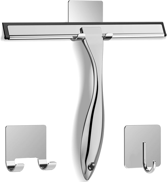 All-Purpose Stainless Steel Shower Squeegee for Shower Glass Door with 2 Adhesive Hooks, Bathroom Cleaner Tool Household Window Mirror Squeegee for Glass Doors, Cleaning Tile Wall, Car, 14 Inch Silver
