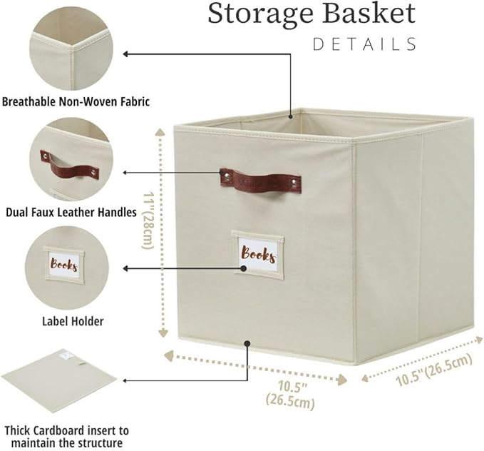DECOMOMO Storage Bins, Cube Storage Bin with Labels, Fabric Storage Cubes for Shelves (10.5" x 11" / 2pcs, Beige)