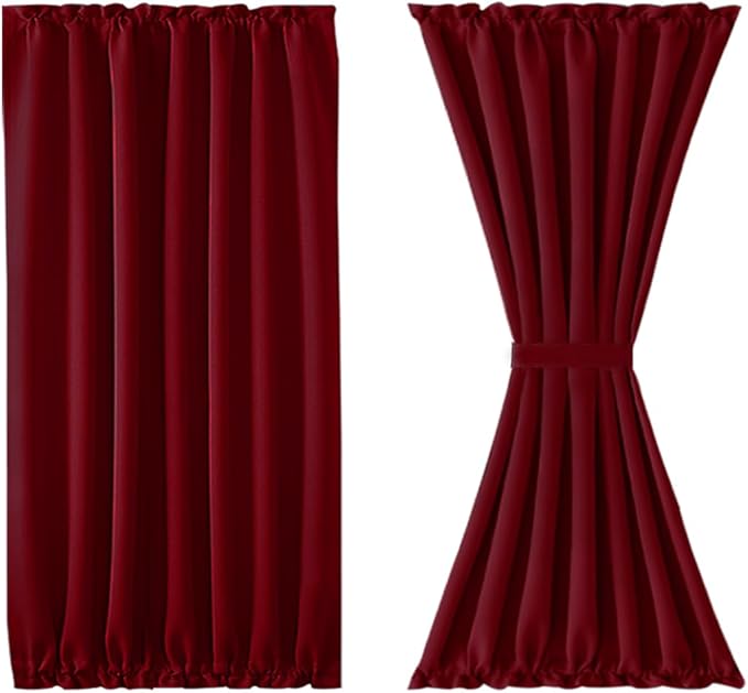 DWCN French Door Curtains – Rod Pocket Thermal Blackout Curtain for Doors with Glass Window, Christmas, Kitchen and Patio Doors for Privacy, 54 X 40 Inch, 1 Curtain Panel with Tieback, Burgundy