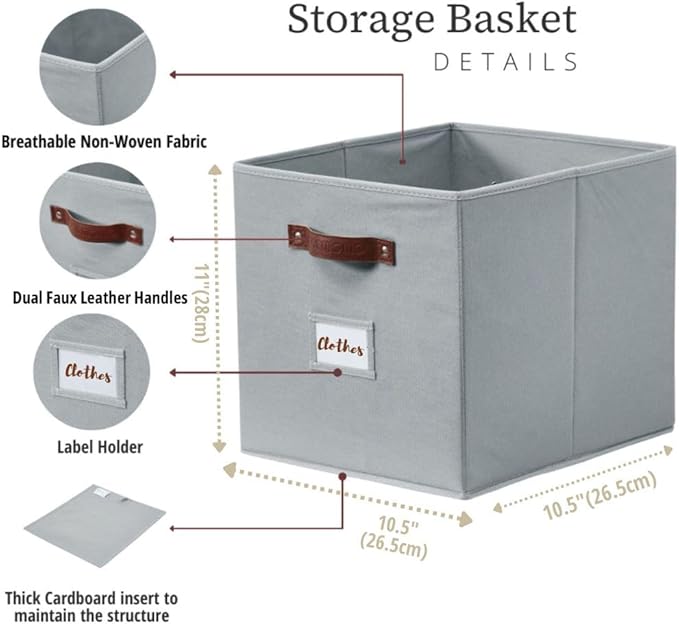 DECOMOMO Storage Bins, Cube Storage Bin with Labels, Fabric Storage Cubes for Shelves (10.5" x 11" / 6pcs, Grey)