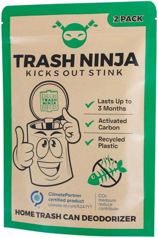 Trash Ninja Trash Can Deodorizer and Odor Eliminator (2 Pack) for Indoor Trash Cans Up to 10 Gallons, Made with Natural Activated Carbon - Lasts Up to 3 Months - Garbage Can Deodorizer to Control Odor
