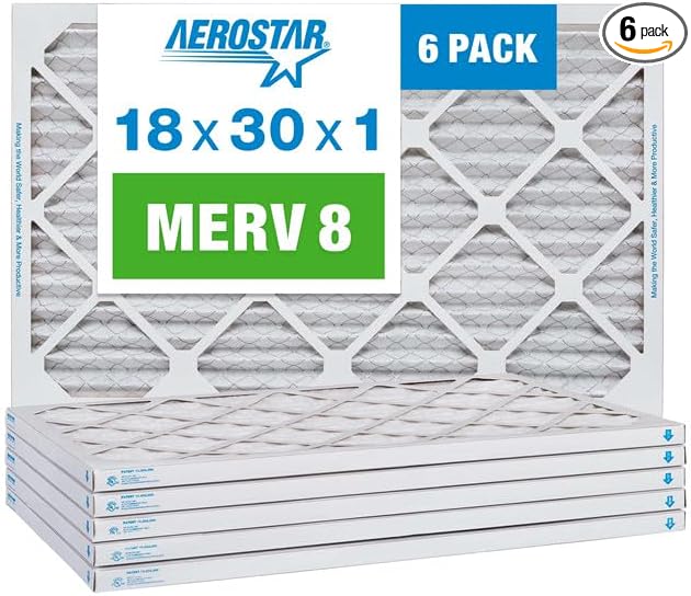 Aerostar 18x30x1 MERV 8 Pleated Air Filter, AC Furnace Air Filter, 6 Pack (Actual Size: 17 1/2" x 29 1/2" x 3/4")