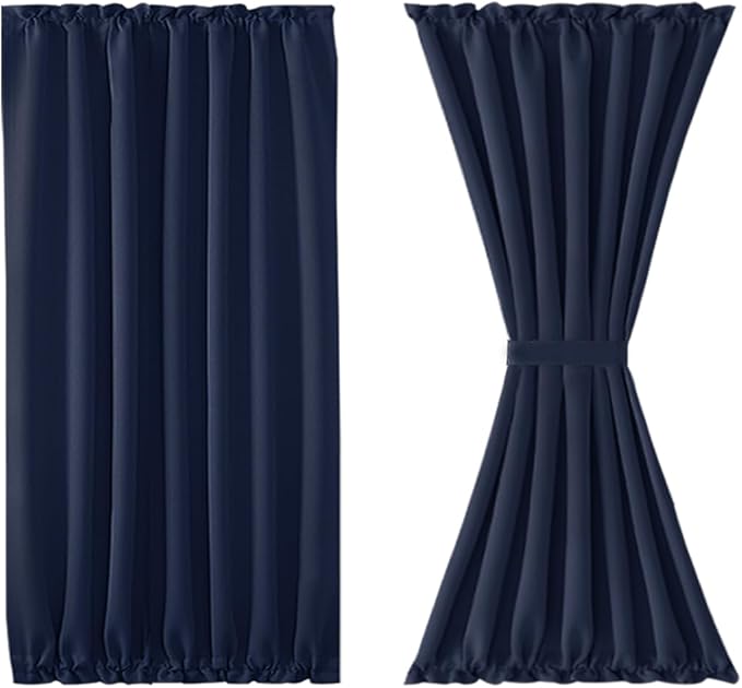 DWCN French Door Curtains – Rod Pocket Thermal Blackout Curtain for Doors with Glass Window, Kitchen and Patio Doors for Privacy, 54 X 40 Inch Length, 1 Curtain Panel with Tieback, Navy Blue
