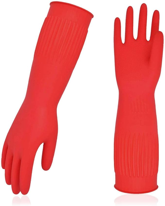 Vgo... 1-Pair Dishwashing Gloves, Reusable Household Gloves, Long Sleeve, Thick Latex, Cleaning, Washing, Working, Painting, Gardening, Pet Care (Size L, Red, RB2143)