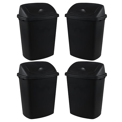 10 Gallon Plastic Swing Top Trash Cans, 4-Pack Garbage Cans with Swing Top Lid, Black