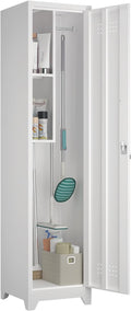 Slim Broom Storage Cabinets, Metal Cabinet with Shelves and Hanging Rod, 65" Utility Storage Cabinet with Locking Door, Tall Cleaning Cabinets for Kitchen, Pantry, Office, Shop, Garage