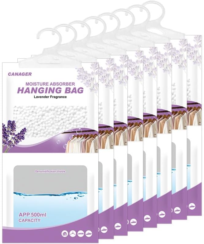 CANAGER Hanging Moisture Absorber, Lavender Vanilla Moistureproof Hanging Bag, Dehumidifier Bag (8 packs) Hanging Closet Dehumidifier Bags, Moisture Absorb 12.5 oz.