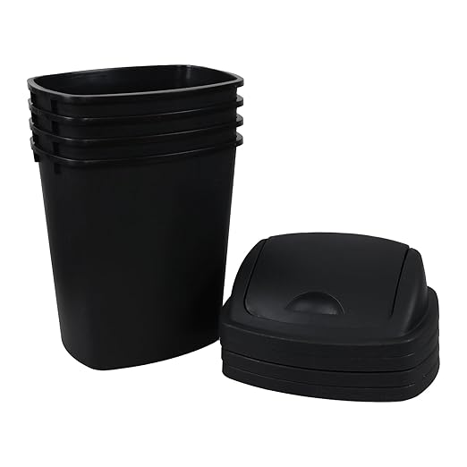 6 Gallon / 25 L Trash Can, 4-Pack, Plastic Swing Lid Garbage Waste Bins Container for Kitchen, Bedroom, Office, Living Room, Bathroom, Black