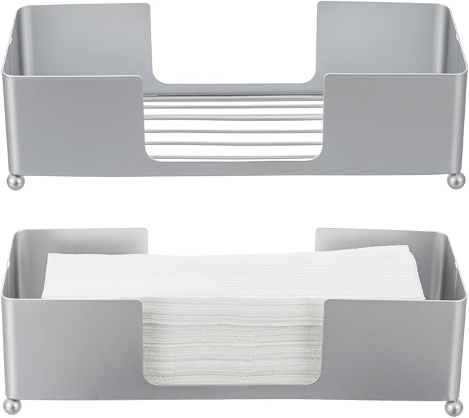 MyGift Metal Tabletop Folded Hand Towel Holder, Modern Silver Tone Commercial Countertop Tissue Dispenser Tray for Trifold, C-Fold and Z-Fold Towels, Set of 2