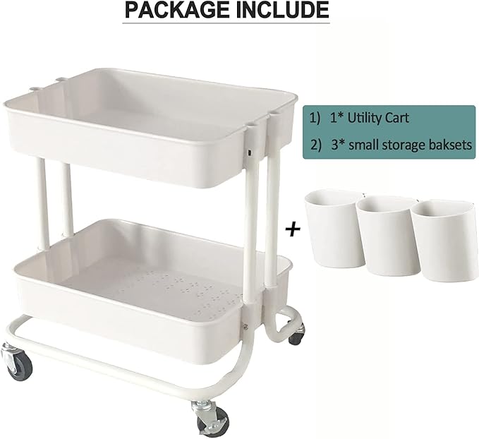 2-Tier Utility Rolling Cart Storage Sofa Side Table with Wheels, Mobile Trolley Organizer with for Office Home Kitchen Organization, Cream White
