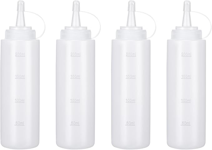 Condiment Squeeze Bottles Ketchup Dispenser, 4 Pack 8oz Squeeze Bottles for Liquids, Plastic Sauce Bottle with Cap Lid, Squirt Bottles for Sauces Liquids BBQ Dressing Pancake Art