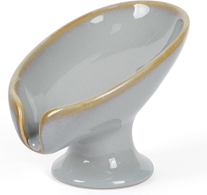 Soap Dish, Self Draining Bar Soap Holder for Bathroom Sink, Leaf Shaped Drainage Ceramic Porcelain Decorative Soap Dish, No Suction Cup, Kiln Stone Gray, ANTIS'S HOME