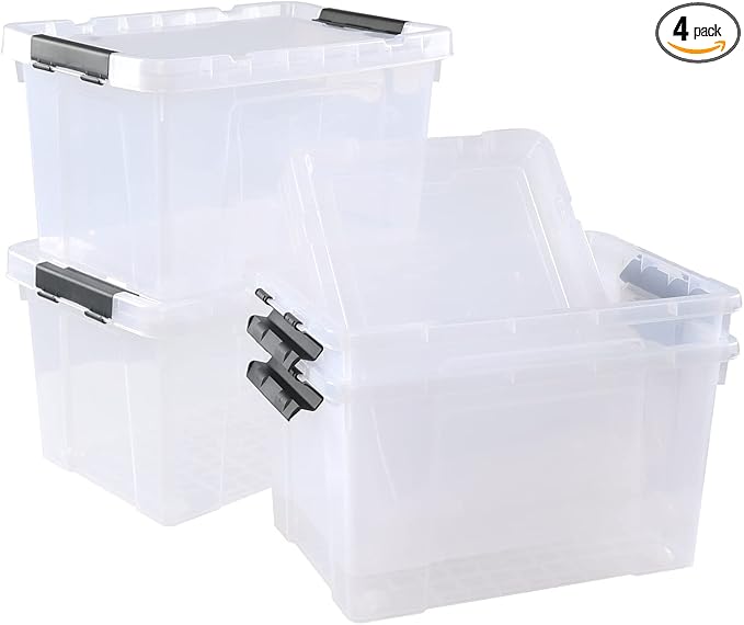 4 Pack 22 L Clear Plastic Storage Box with Wheels, Latch Storage Bin with Lid