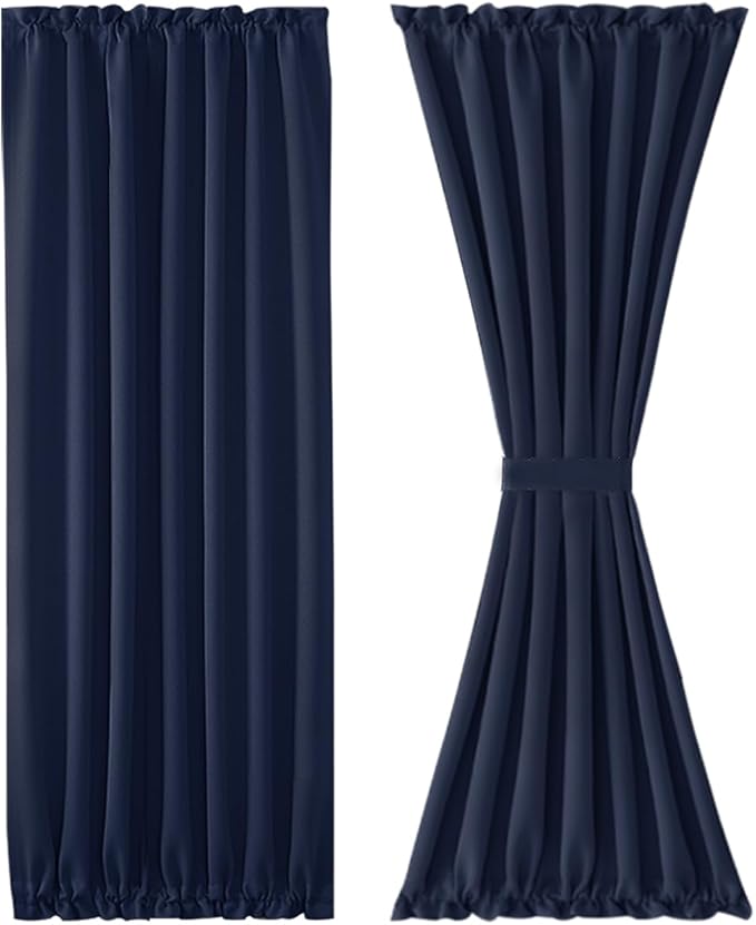 DWCN French Door Curtains – Rod Pocket Thermal Blackout Curtain for Doors with Glass Window, Kitchen and Patio Doors for Privacy, 54 X 72 Inches Long, 1 Curtain Panel with Tieback, Navy Blue