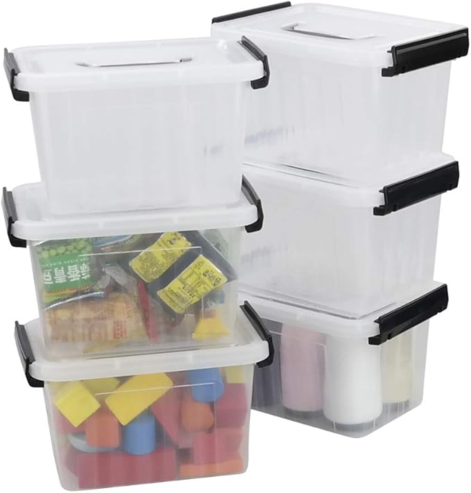 Asking Plastic Latching Box with Black Handle, Lidded Storage Bins, 6 Packs, 3 Quart