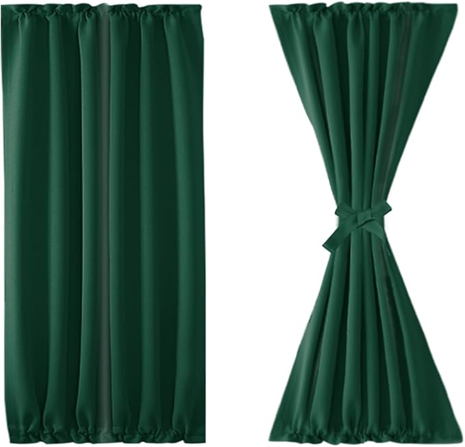DWCN French Door Curtains – Rod Pocket Thermal Blackout Curtain for Window/Patio Doors/Doorways/Classroom/Kitchen for Privacy, 25W by 40L Inches, 1 Panel with Tieback, Hunter Green